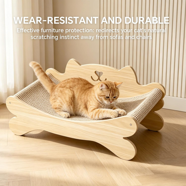 Cat Scratcher Bed for Indoor Cats Kitten Bed Cat Hammock with Solid Wood Frame Wear Resistant Sisal Backrest Design Cats Scratcher Lounge, Wooden Cat Furniture
