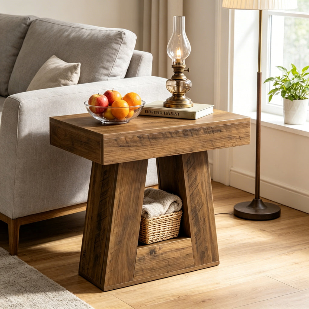 AEELLEEA Rustic Wood Grain End Table, 23.62"H x 23.62" L x15.75" W, Geometric Side Table with Open Storage Compartment for Living Room