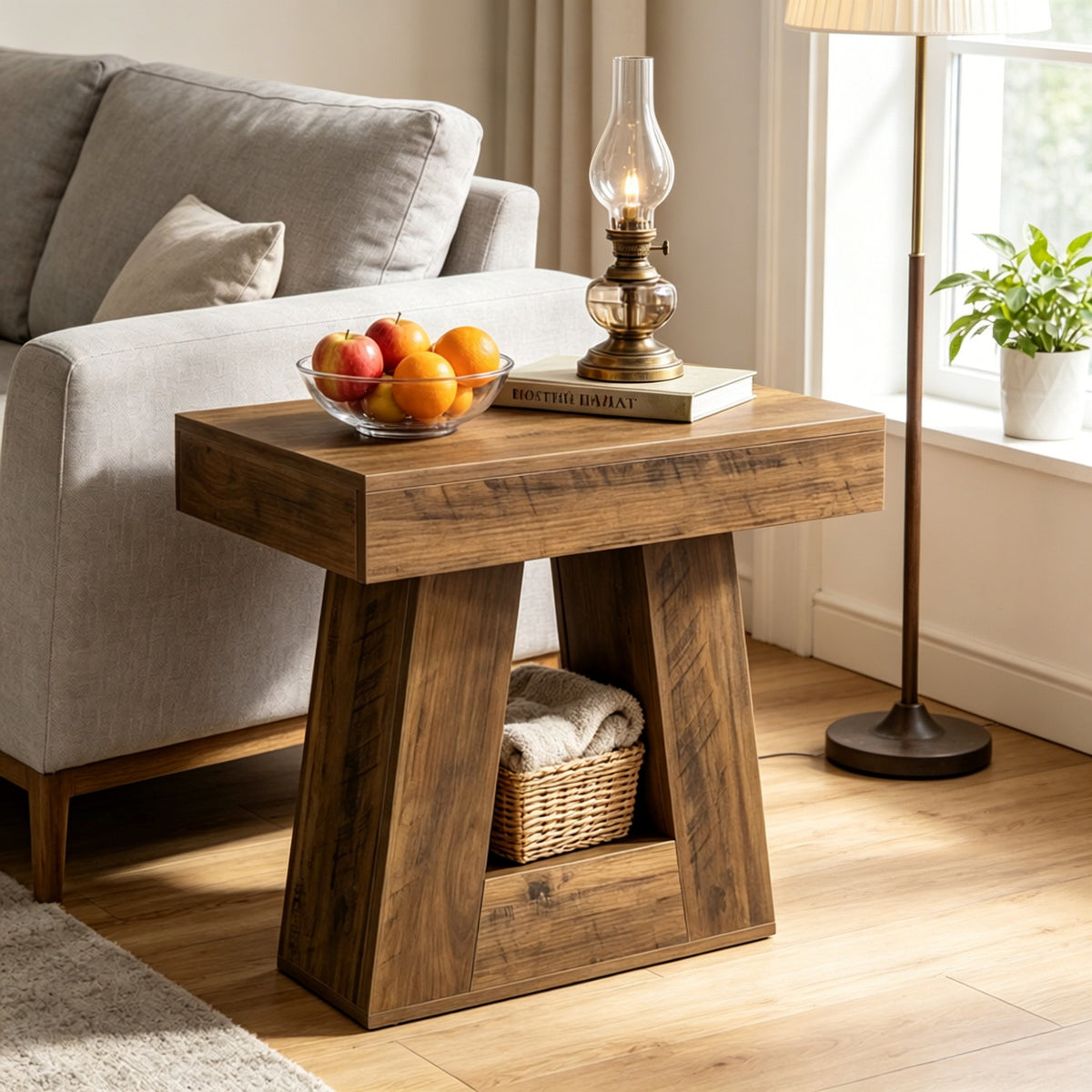 AEELLEEA Rustic Wood Grain End Table, 23.62"H x 23.62" L x15.75" W, Geometric Side Table with Open Storage Compartment for Living Room
