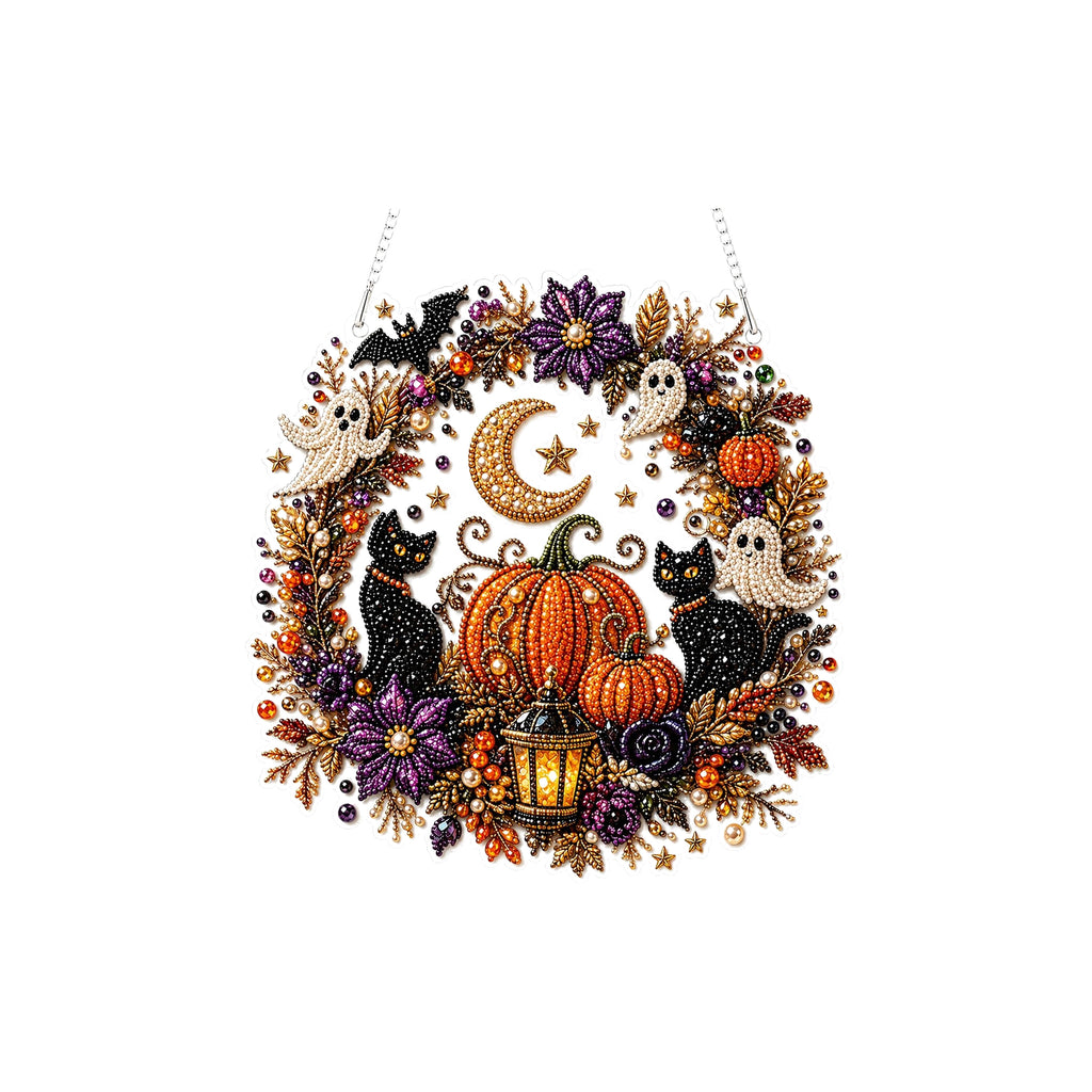 Halloween Diamond Art Hanging Kit, Pumpkin & Ghost 8in DIY Beaded Window Door Ornament
