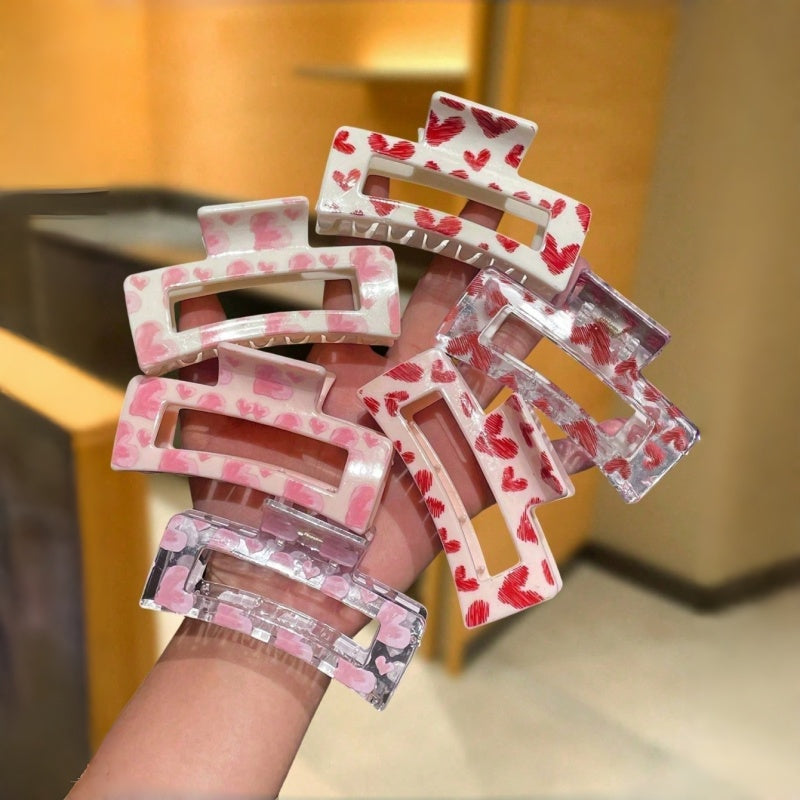 Pink Red Heart Print Large Hair Claw Clips for Women, Strong Hold Non Slip Hair Catch Barrettes for Thick Thin Hair Valentine’s Day Hair Accessories