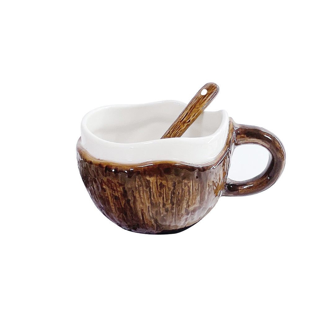 Coconut Shell Ceramic Coffee Mug with Spoon, 11.8oz Novelty Tropical Coffee Cup with Comfort Handle, Glossy Glaze Tea Mug for Home Office & Café