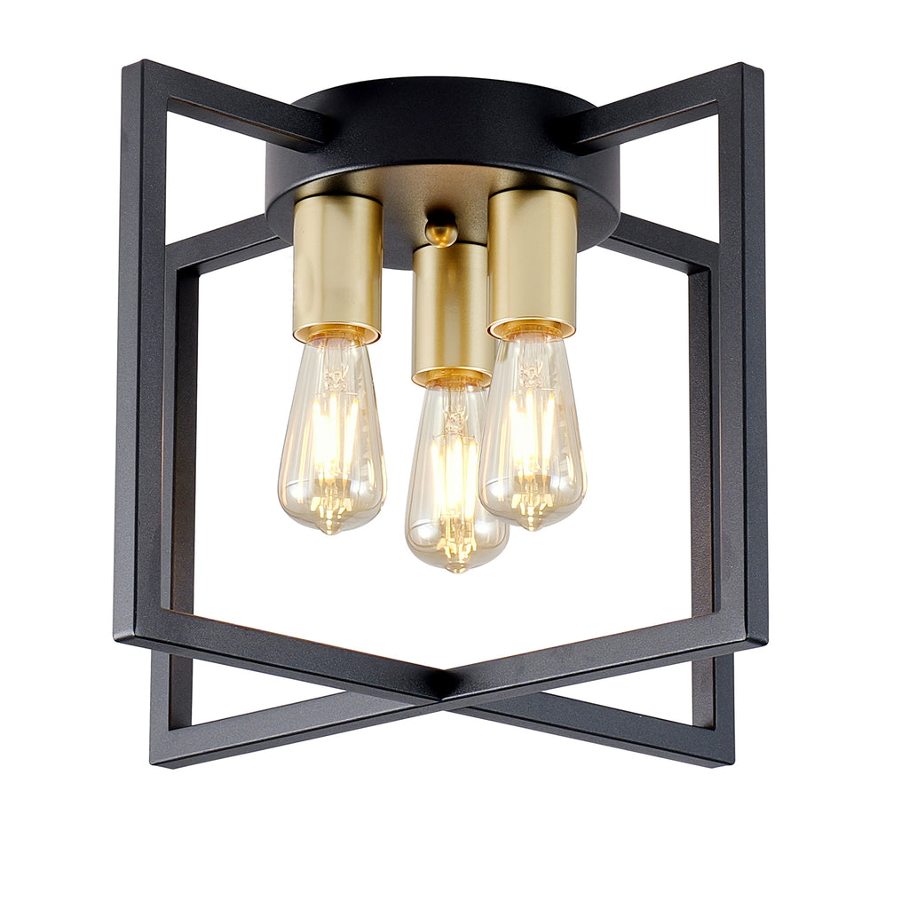 3-Light Semi Flush Mount Ceiling Light, Industrial Black Metal Geometric Square Frame with Gold Socket, Farmhouse Ceiling Lamp for Bedroom Living Room Hallway Entryway Home Decor