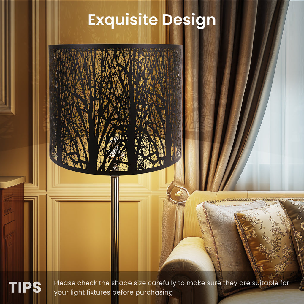 ALUCSET 14"×11" Drum Metal Lamp Shade, Black Gold Forest Etched Tree Shadow Lampshade with Spider Fitter for Table, Floor & Pendant Lights