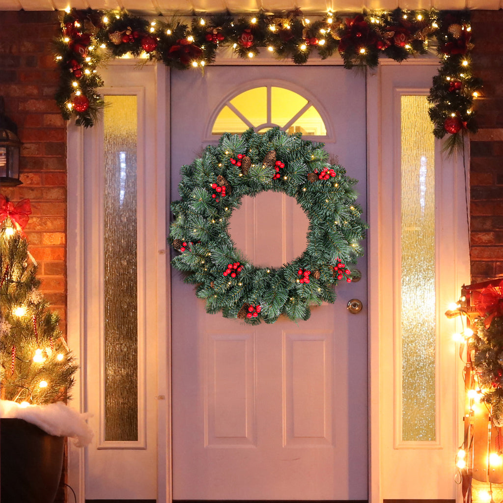 25" Pre-Lit Christmas Wreath with 70 Warm White LED Lights, Battery Operated Pine Needle Wreath with Berries & Pine Cones for Front Door.