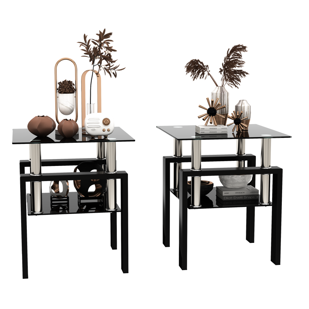 AEELLEEA Set of 2 Black Tempered Glass End Tables, 17.72 in Square Side Tables with Lower Shelf, Metal Frame, 150 lb Capacity