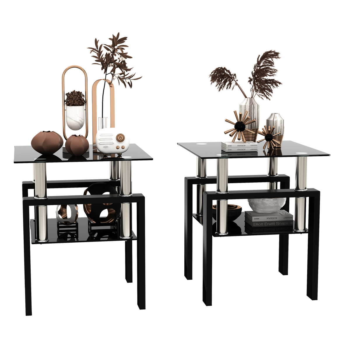 AEELLEEA Set of 2 Black Tempered Glass End Tables, 17.72 in Square Side Tables with Lower Shelf, Metal Frame, 150 lb Capacity