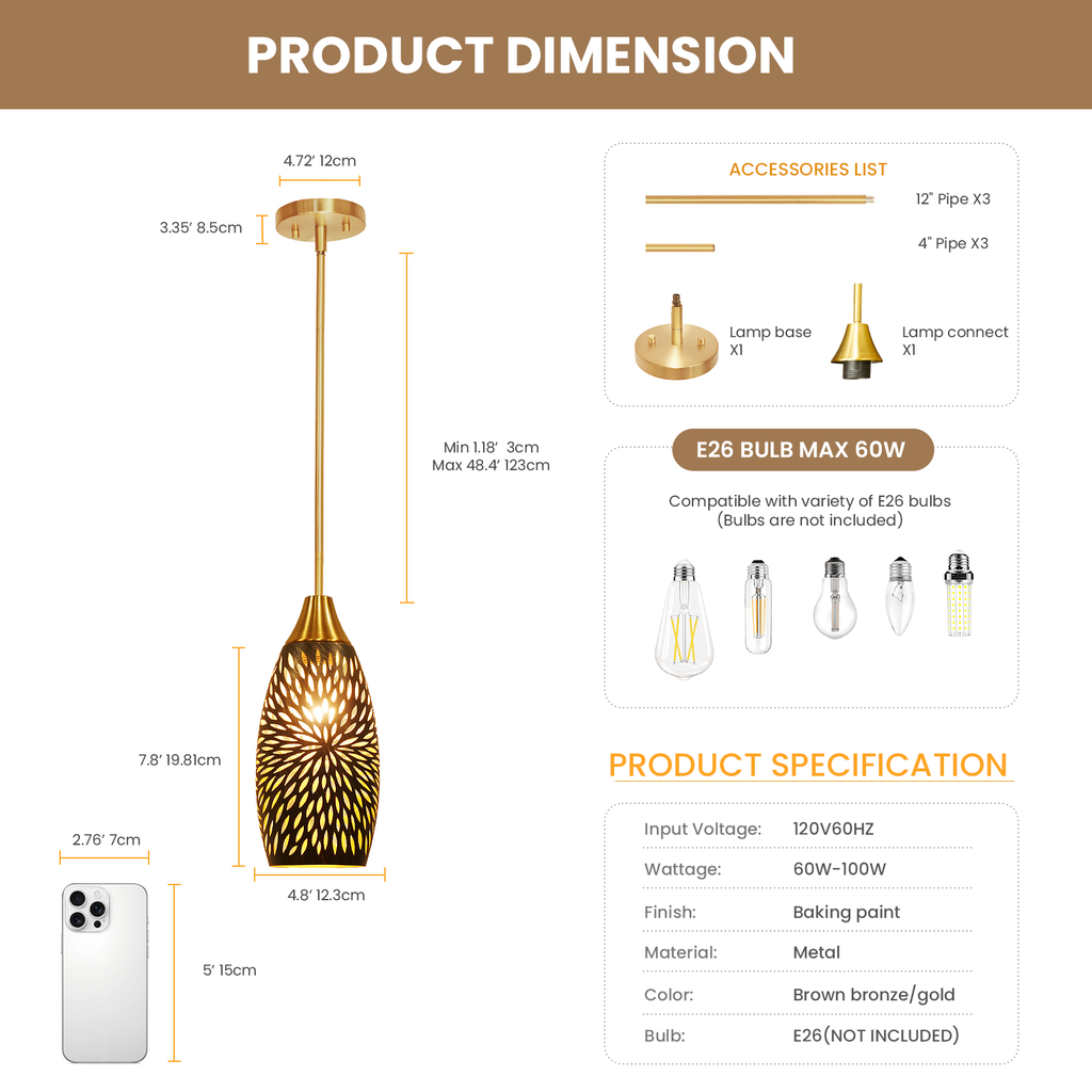 ALUCSET Plug-in Adjustable Pendant Light, 4.8"×7.8" Hanging Lamp for Kitchen Island Dining Living Room