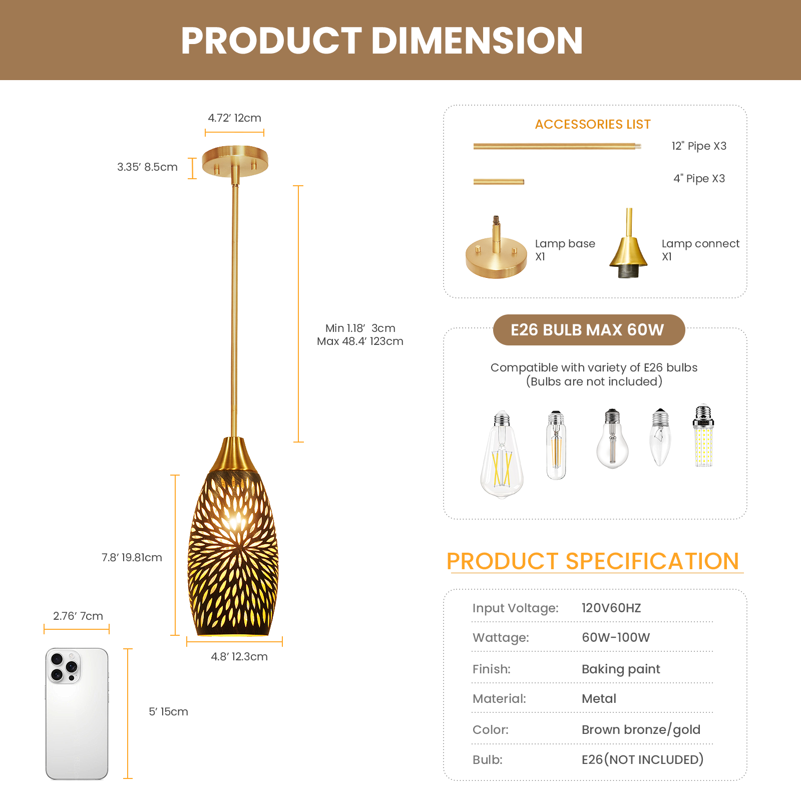 ALUCSET Plug-in Adjustable Pendant Light, 4.8"×7.8" Hanging Lamp for Kitchen Island Dining Living Room