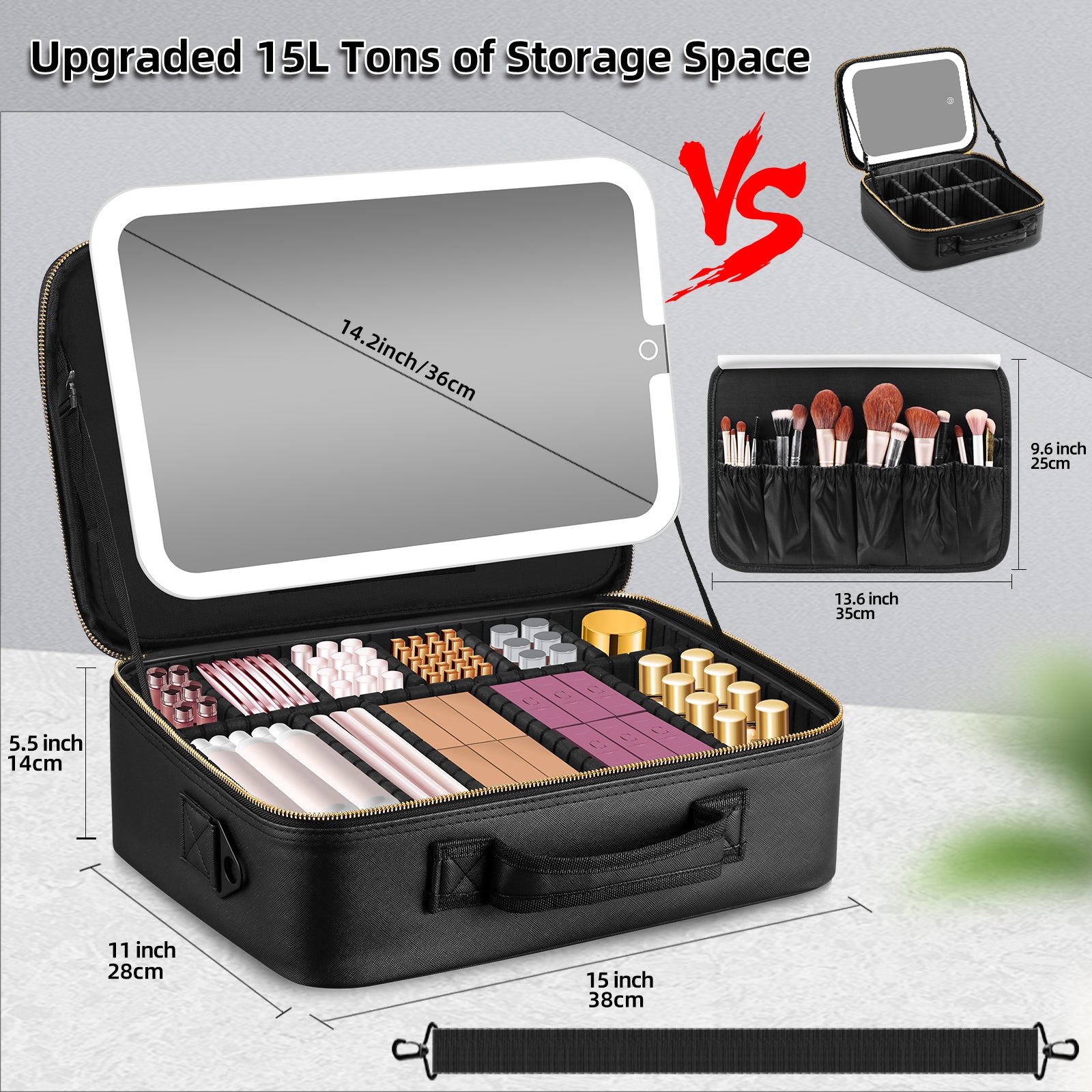 15" Lighted Makeup Organizer 3Color Mirror Adjustable Dividers Travel Ready