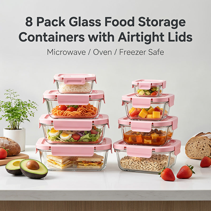 8 Pack Glass Food Storage Containers with Lids