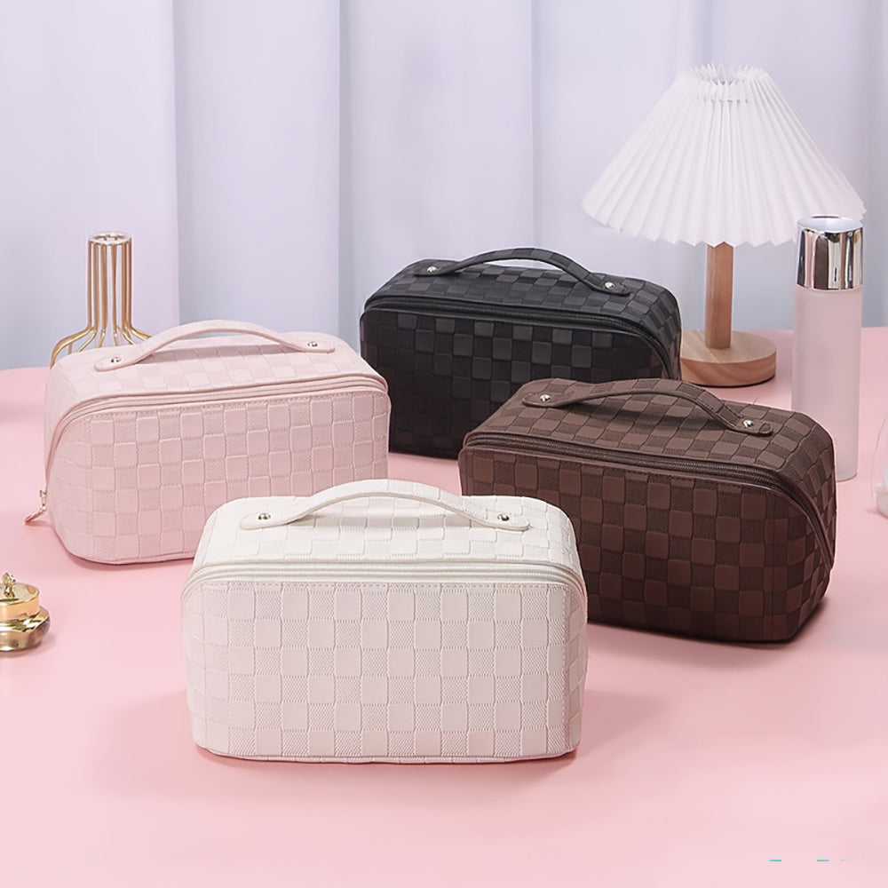 Checkered Makeup Bag, Large Capacity Cosmetic Bag with Handle, Portable Waterproof Travel Toiletry Organizer for Women