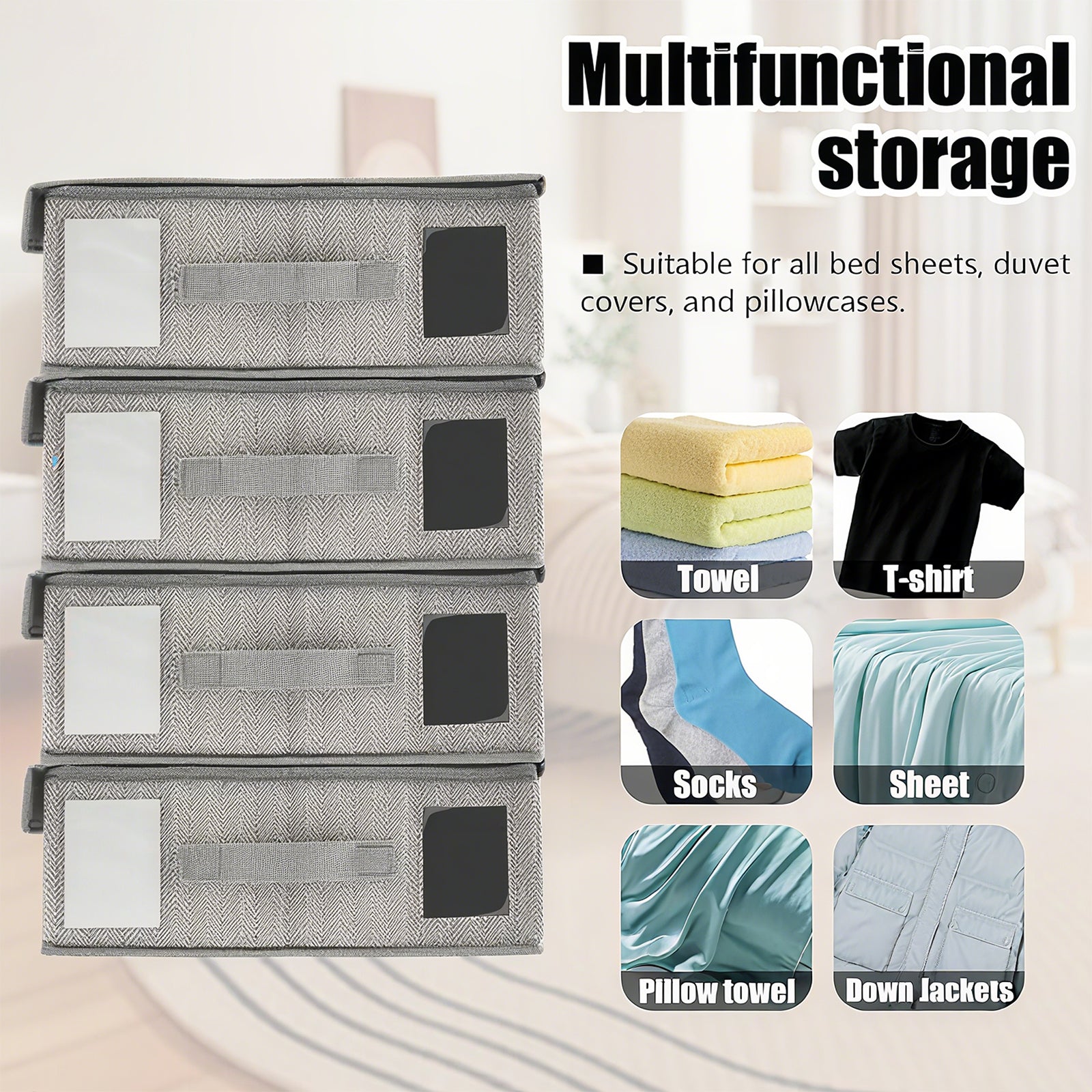 Nonwoven Bedding Storage Box with Removable Lid and Clear Window, Clothes Organizer for Sheets, Pillowcases, Socks, Underwear, Storage Bin