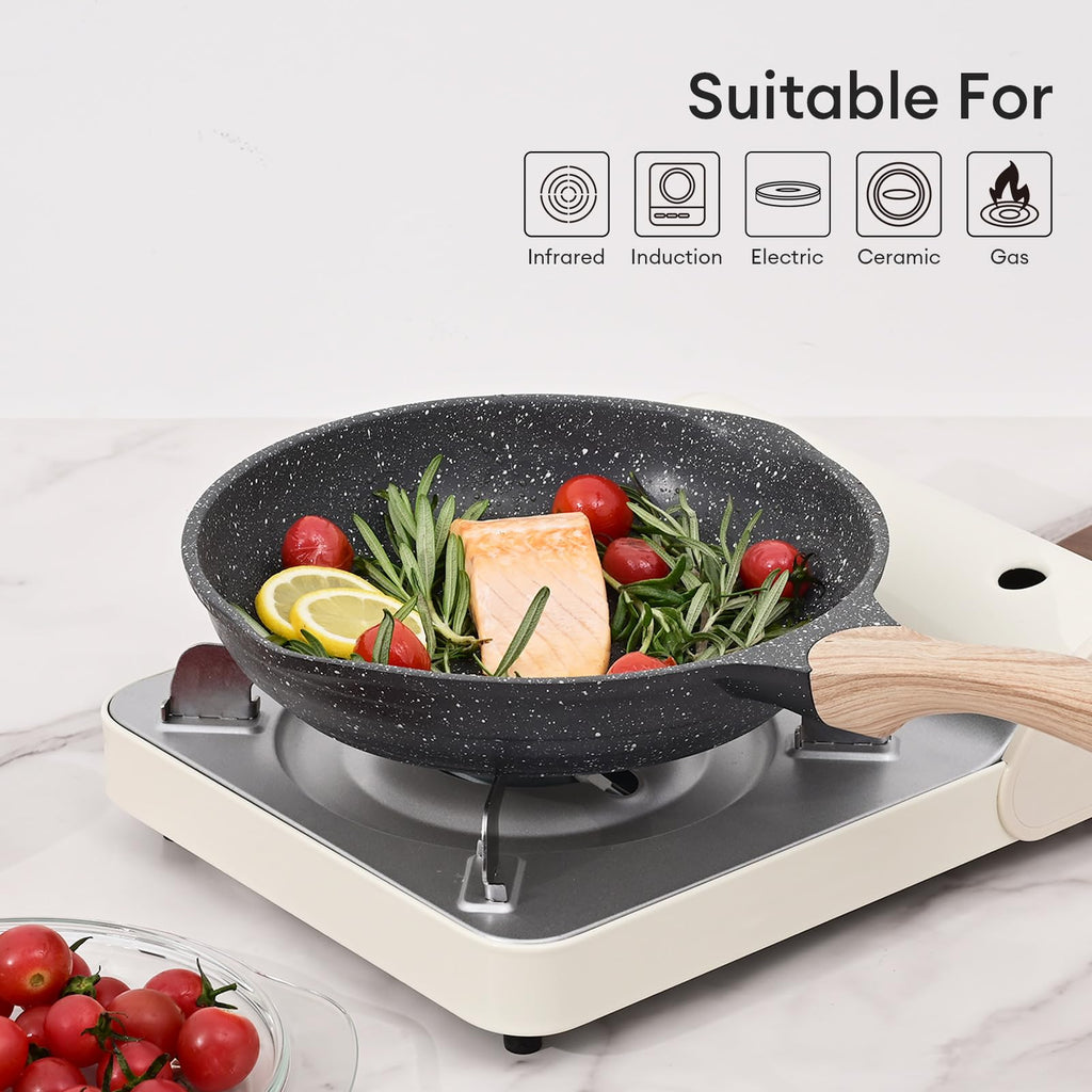 8 Inch Nonstick Frying Pan, Stone Coating Cookware Omelette Pan, Heat Resistant Handle, Compatible with All Stoves, Grey