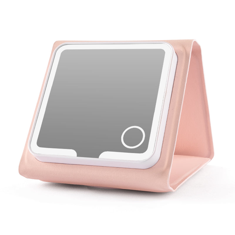 Small Tri-Fold Makeup Mirror with Lights, 10X/5X Magnifying Mirror, Rechargeable Compact Travel Mirror, Dimmable Handheld Vanity Mirror for Purse and Pocket