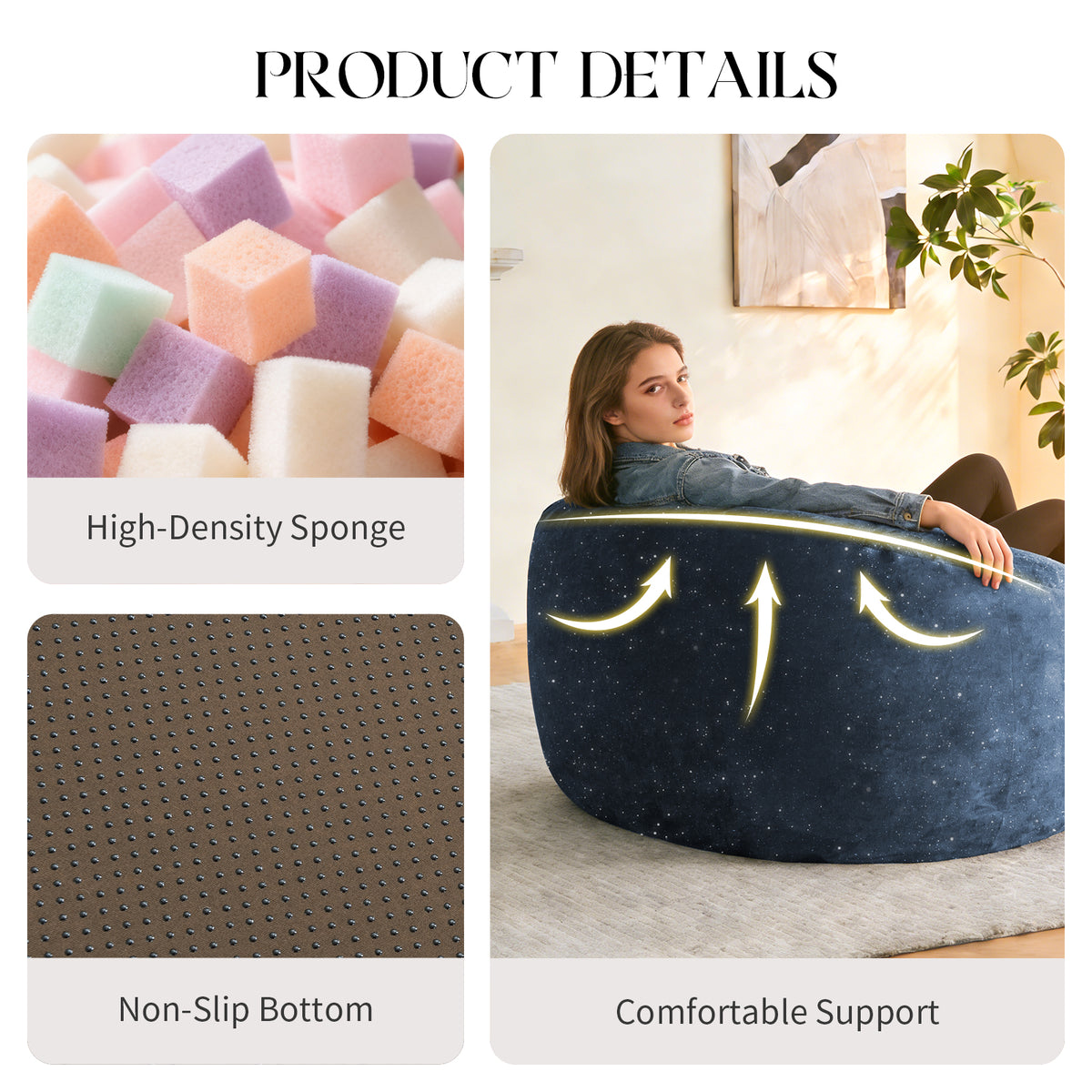 AEELLEEA Sparkling Snow Neil Round Bean Bag Chair, High Density Sponge Beanbag with Non-Slip Base for Home Relax