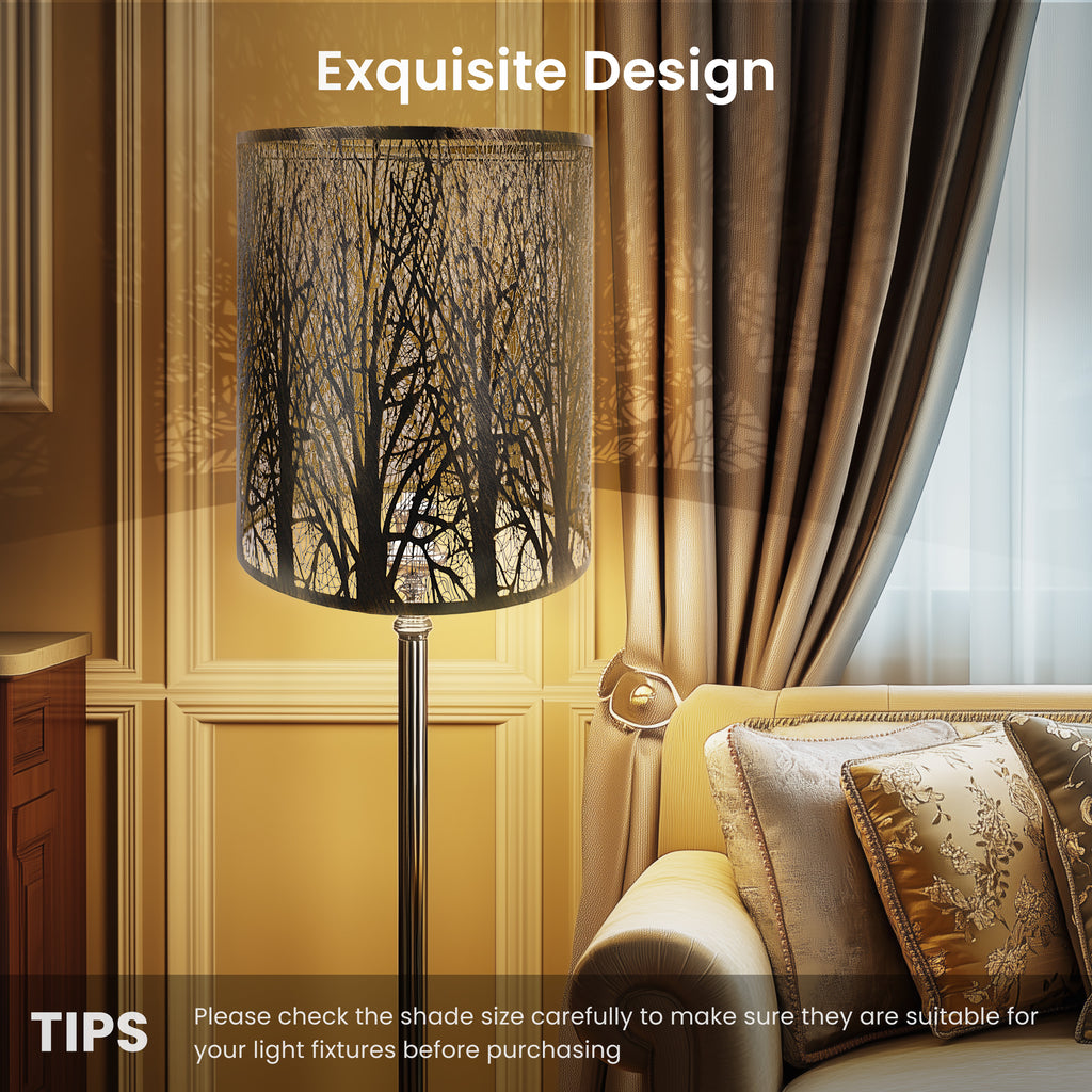 ALUCSET 14"×17" Cylinder Metal Lamp Shade, Black Gold Forest Etched Tree Shadow Lampshade with Spider Fitter for Table & Floor Lamps