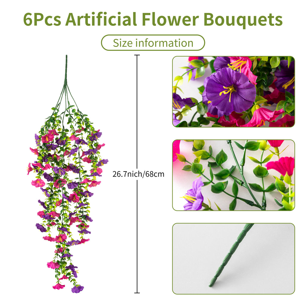 6Pcs Artificial Hanging Morning Glory Flowers, 26.7in UV Resistant Fake Trailing Flower Vines for Porch Patio Outdoor Fall Decor
