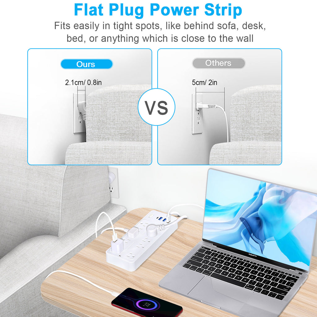 6 FT Surge Protector Power Strip, 10 Outlets 4 USB Ports(1 USB‑C), 14‑in‑1 Long Extension Cord, Flat Plug, 1700J, 1625W/13A, White