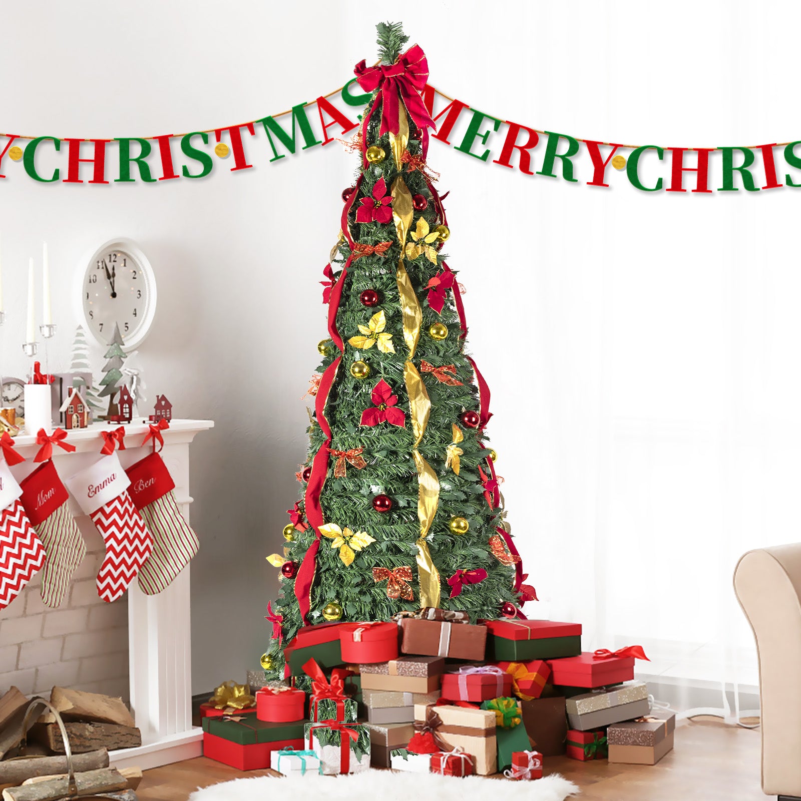 6FT/ 7.5FT glamorous lighted Christmas tree withornaments is the perfect festive home decoration for aparty. The tree features festive details, such as bows andribbons