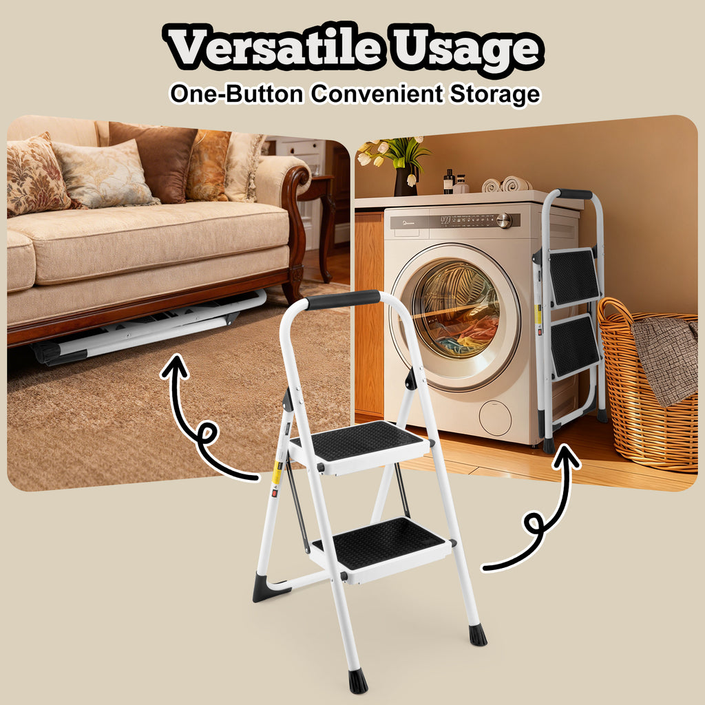 2 Step Ladder, Folding Step Stool with Anti-Slip and Wide Pedal, Lightweight Stepladder with Handrails, Portable for Kitchen, Household, 330LBS, White
