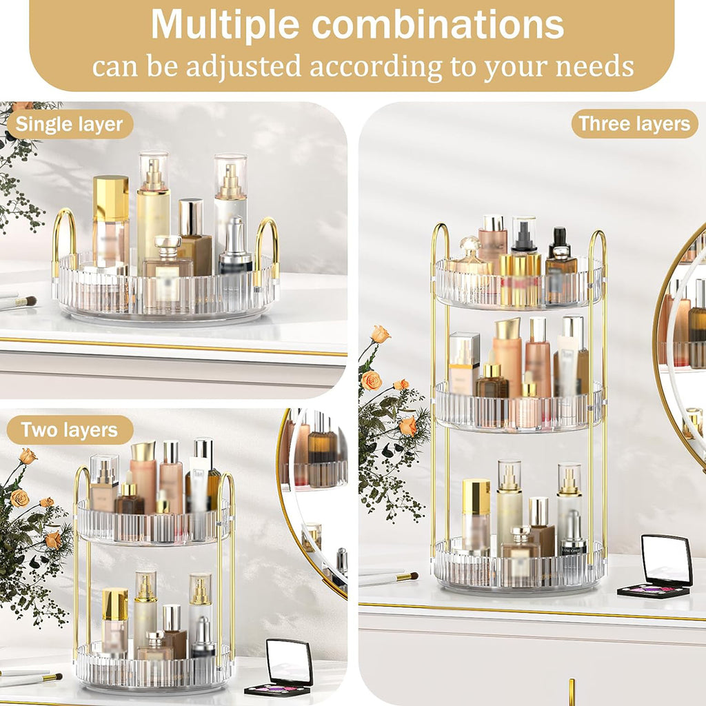 360 Rotating Makeup Organizer for Vanity, 3 Tier Adjustable Perfume Organizer for Dresser, Multi-Function Spinning Cosmetics Skincare Storage for Bedroom, Dresser, Countertop, Clear