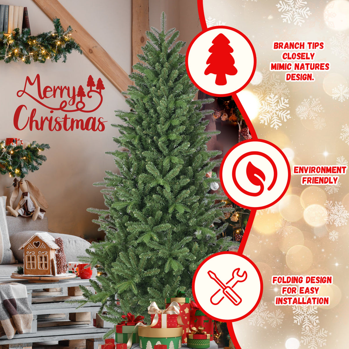 6ft Artificial Christmas Tree, 1168 Branch Tips PE+PVC Hinged Xmas Tree with Metal Stand, Easy Assembly Indoor Holiday Decor