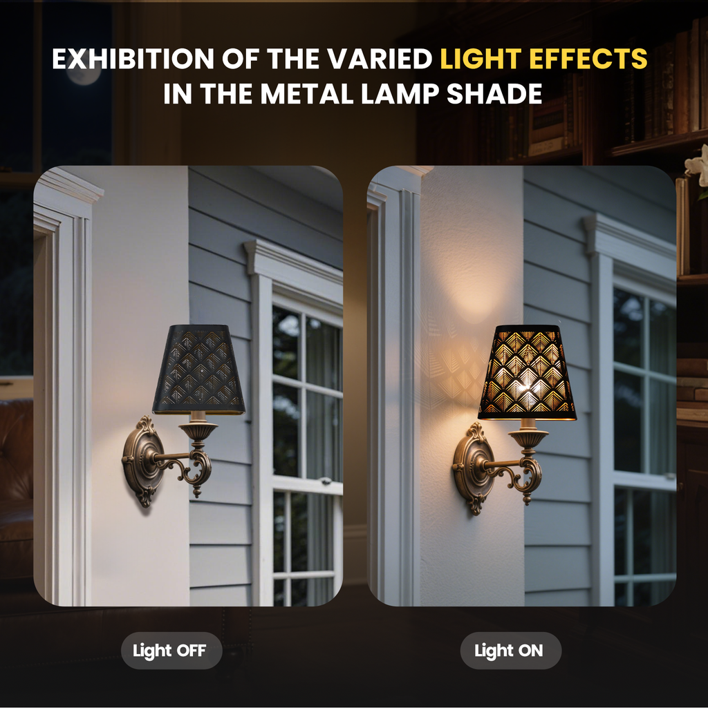 "Set of 2 Square Metal Lamp Shades with Etched Arrow Design, Black & Gold Finish, 3.55 x 5.6 Inches for Table or Floor Lamps"