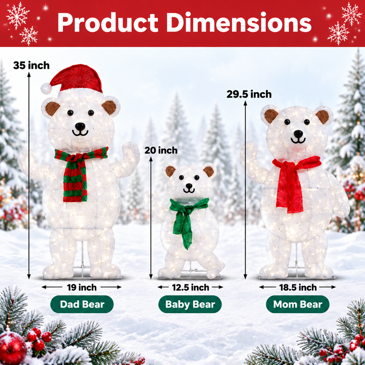 35" Lighted White Bear Family Yard Decorations, 3-Piece 2D Christmas Outdoor Decor with 105 LED Lights