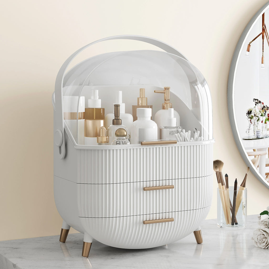 Makeup Organizers and Storage, vanity makeup organizer, cosmetic skincare storage, with lid and drawers, display case, countertop, white
