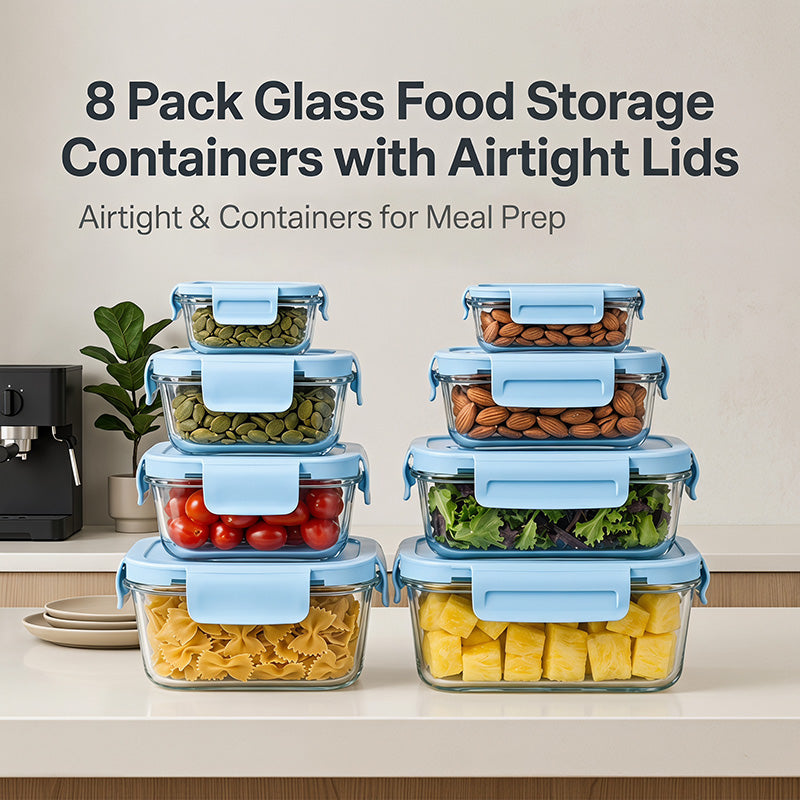 8 Pack Glass Food Storage Containers with Lids