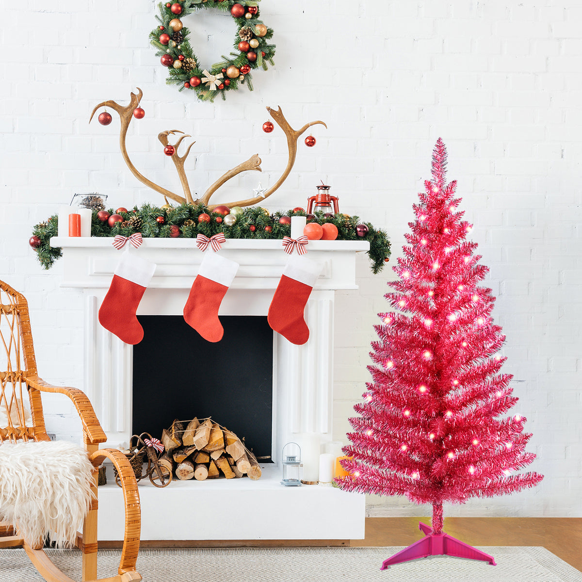 4 FT Red Christmas Tree with 50 Pre-strung UL Lights, 122 Tips Hinged Artificial Holiday Tree with Plastic Stand for Indoor Home Decor.