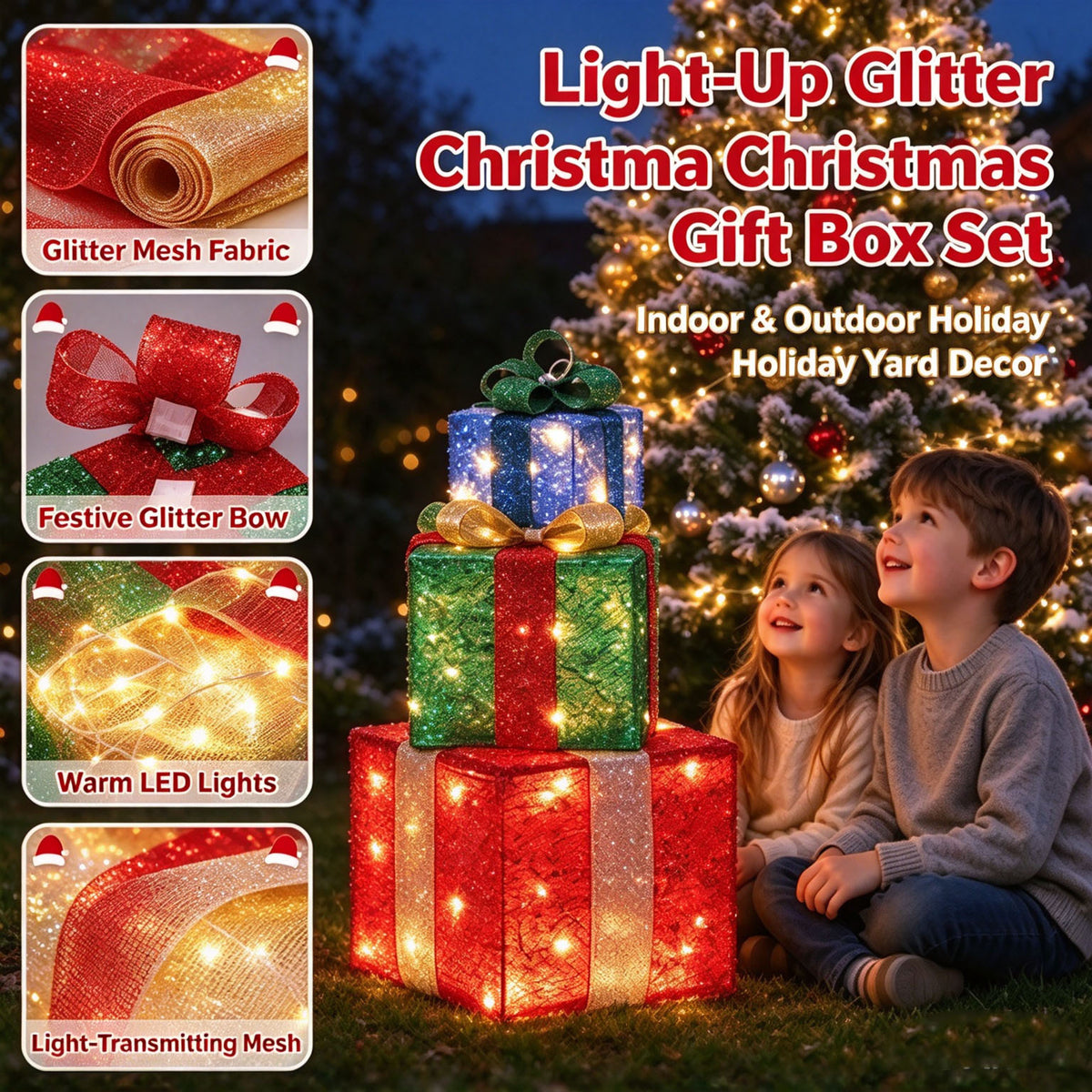 Set of 3 Christmas Lighted Gift Boxes