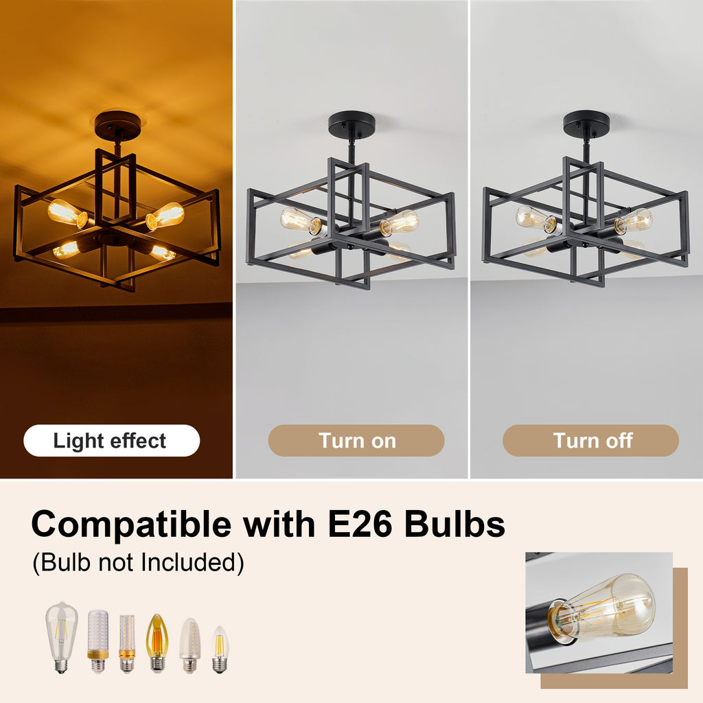 4-Light Semi Flush Mount Ceiling Light, Industrial Black Metal Square Cage Chandelier, Farmhouse Geometric Ceiling Lamp for Bedroom Living Room Hallway Entryway Home Decor