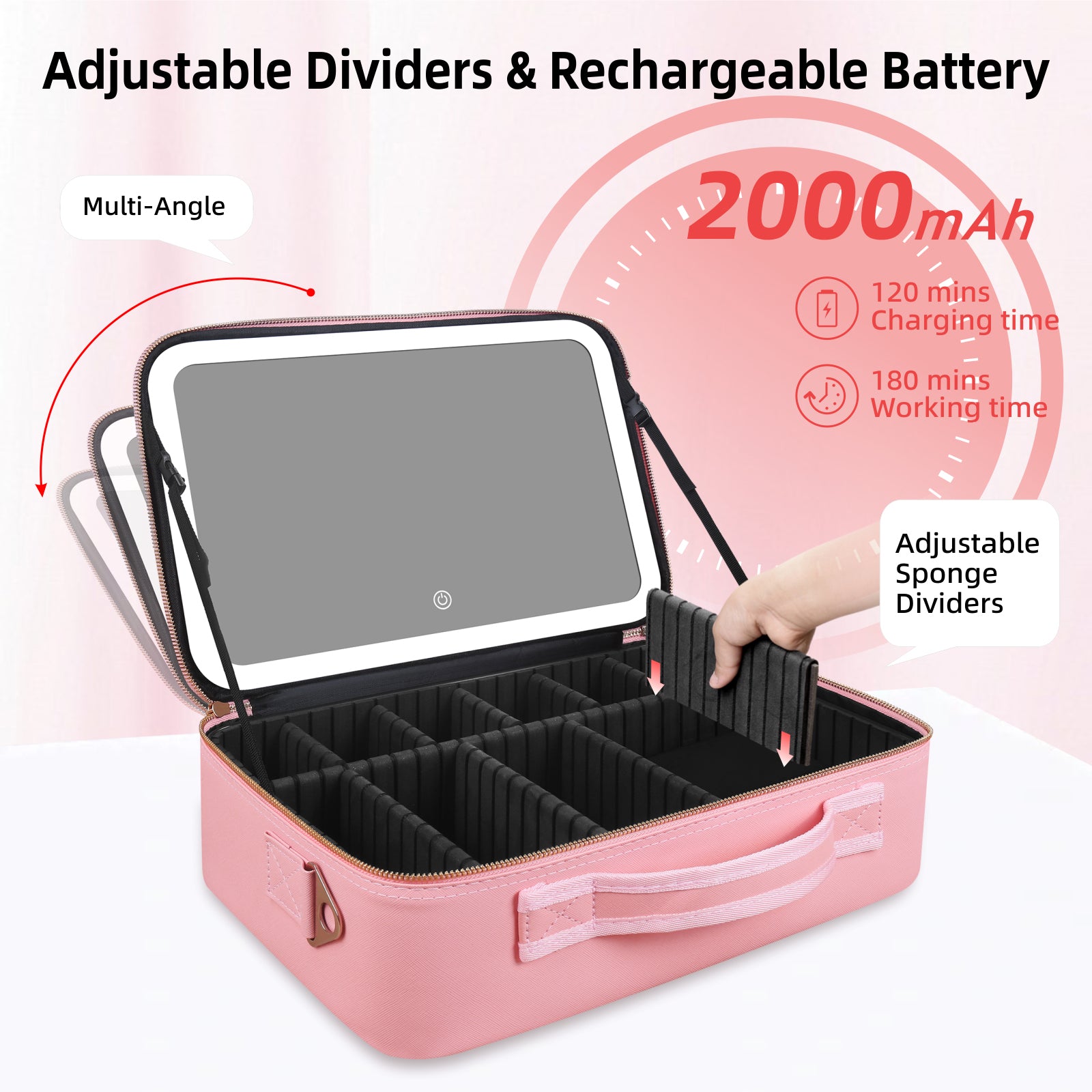 15" Lighted Makeup Organizer 3Color Mirror Adjustable Dividers Travel Ready