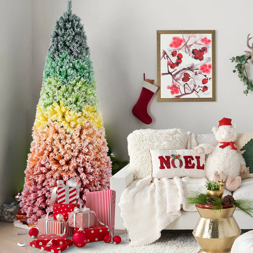 6FT/7.5FT Rainbow Gradient Christmas Tree, Snow Flocked Artificial Xmas Tree with Metal Stand for Holiday Decoration