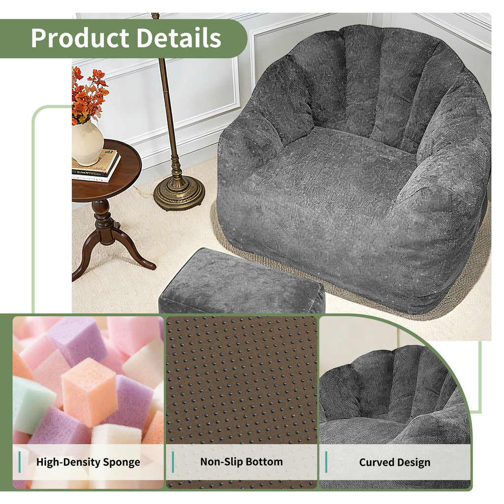 AEELLEEA Dark Grey Sparkling Plush Bean Bag Chair with Ottoman, Ergonomic Curved Sofa, High Density Sponge for Bedroom Living Room