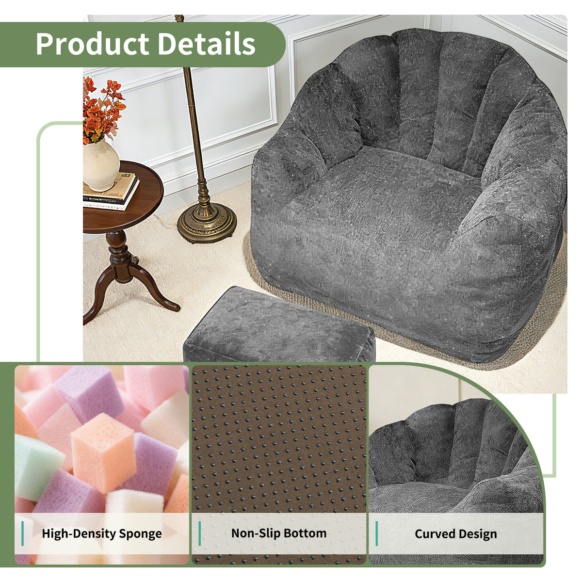 AEELLEEA Dark Grey Sparkling Plush Bean Bag Chair with Ottoman, Ergonomic Curved Sofa, High Density Sponge for Bedroom Living Room