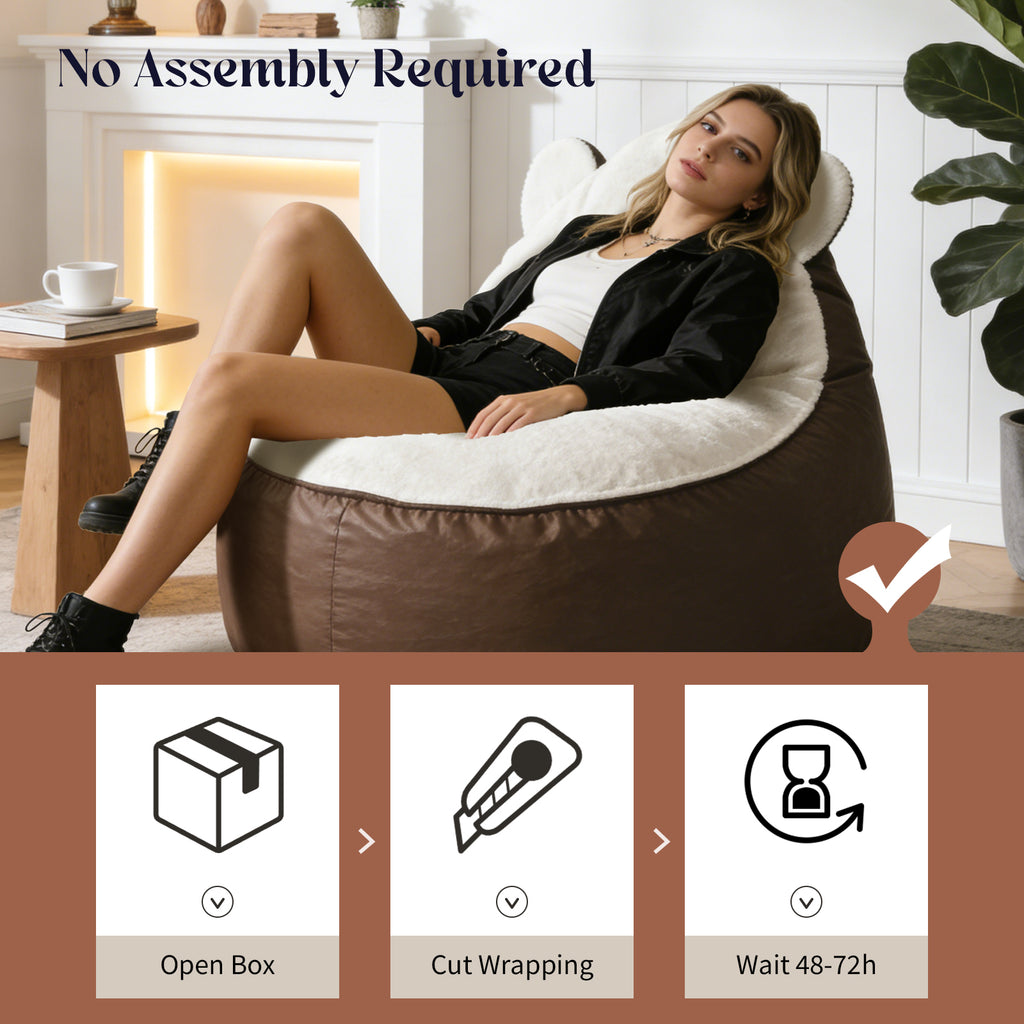 AEELLEEA Cute Animal Ear Bean Bag Chair, Dual Fabric Faux Leather & Rabbit Fleece Oversized Lazy Sofa for Bedroom Gaming Room