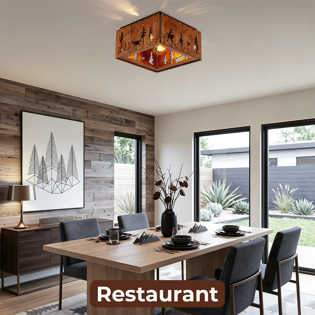 Square Walnut Flush Mount Ceiling Light, Tropical Palm Tree Cutout Wood Iron Ceiling Lamp with E26 Socket, Vintage Rustic Ceiling Light for Bedroom Hallway