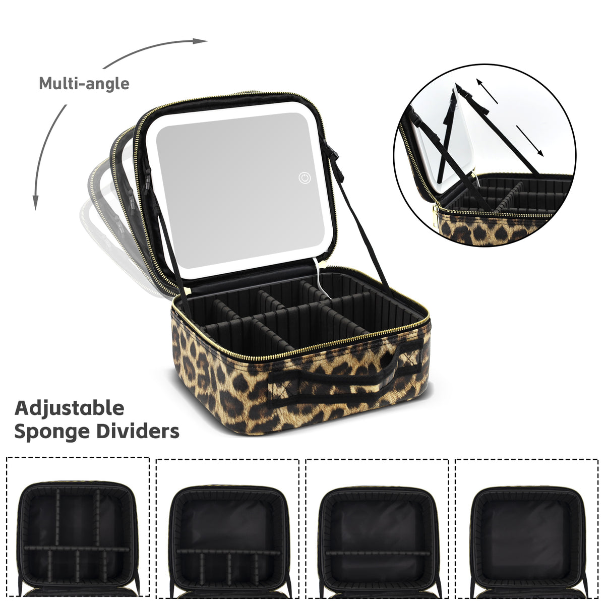 AEELLEEA Makeup Bag with LED Lighted Mirror, Leopard Print Train Case, 3 Color Lights, Adjustable Dividers, 5X Magnifying Mirror