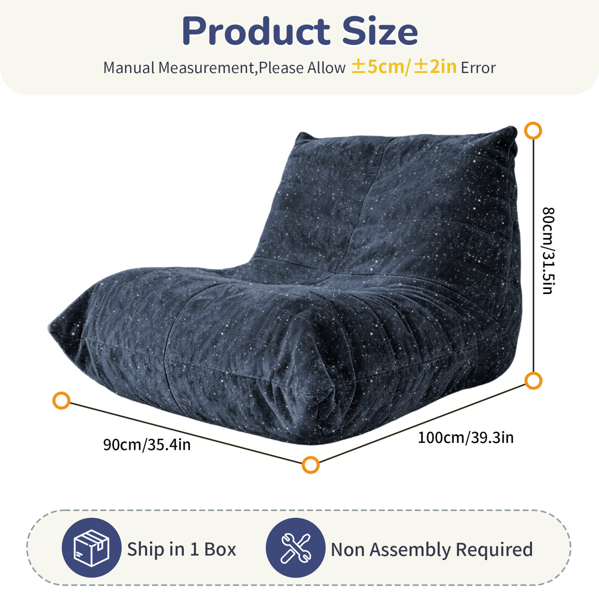 AEELLEEA Navy Blue Sparkling Chenille Bean Bag Chair, Ergonomic Lazy Sofa with Removable Cover & Anti-Slip Base