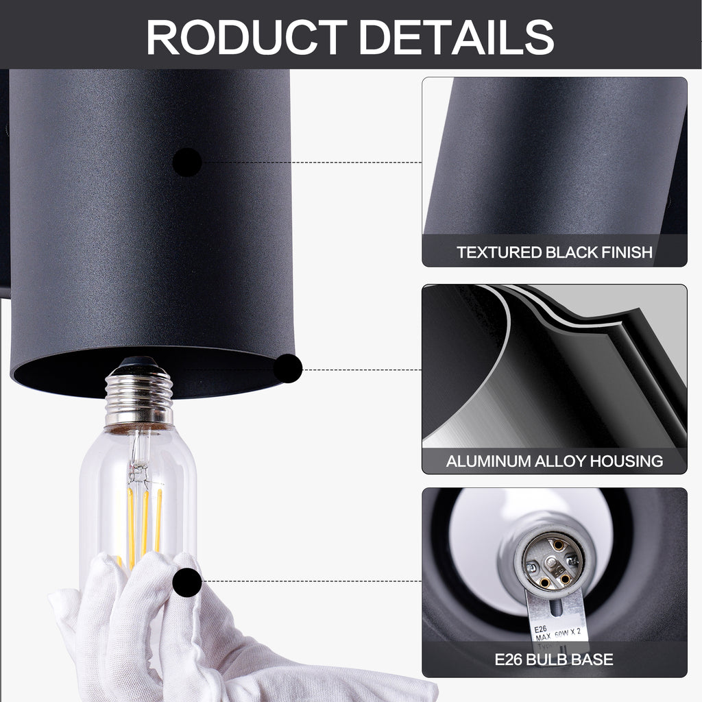 2 Pack Black Cylinder Up Down Wall Sconce Light, Aluminum Hardwired Outdoor Wall Lamp, Modern Vertical Wall Mount Light Fixture