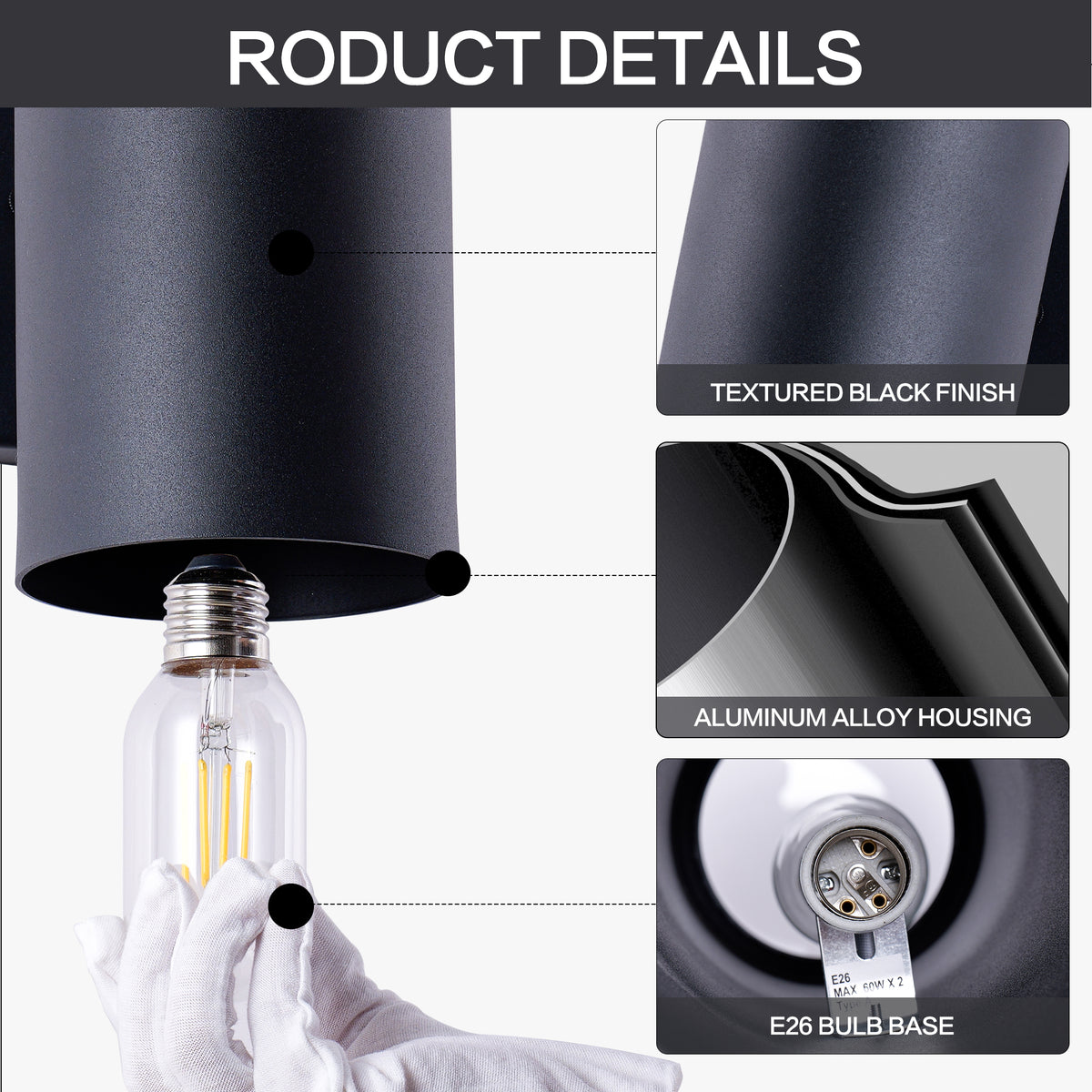 2 Pack Black Cylinder Up Down Wall Sconce Light, Aluminum Hardwired Outdoor Wall Lamp, Modern Vertical Wall Mount Light Fixture