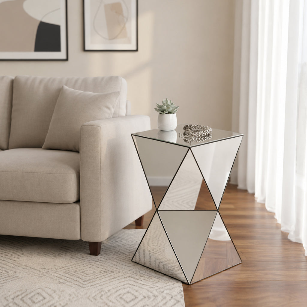 AEELLEEA 12.6 in Mirrored Geometric Side Table, Silver Square Accent End Table, Modern Nightstand for Living Room Bedroom