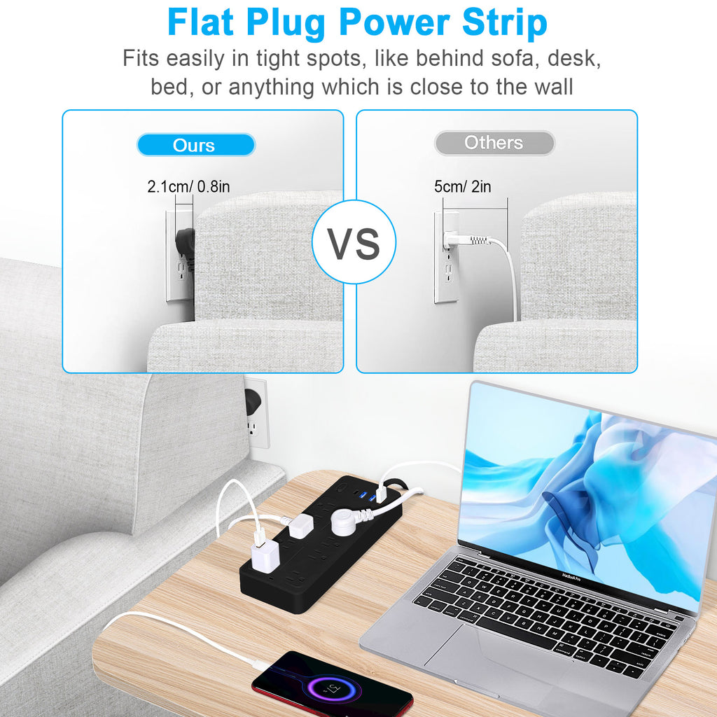 6 FT Surge Protector Power Strip, 10 Outlets 4 USB Ports(1 USB‑C), 14‑in‑1 Long Extension Cord, Flat Plug, 1700J, 1625W/13A, White