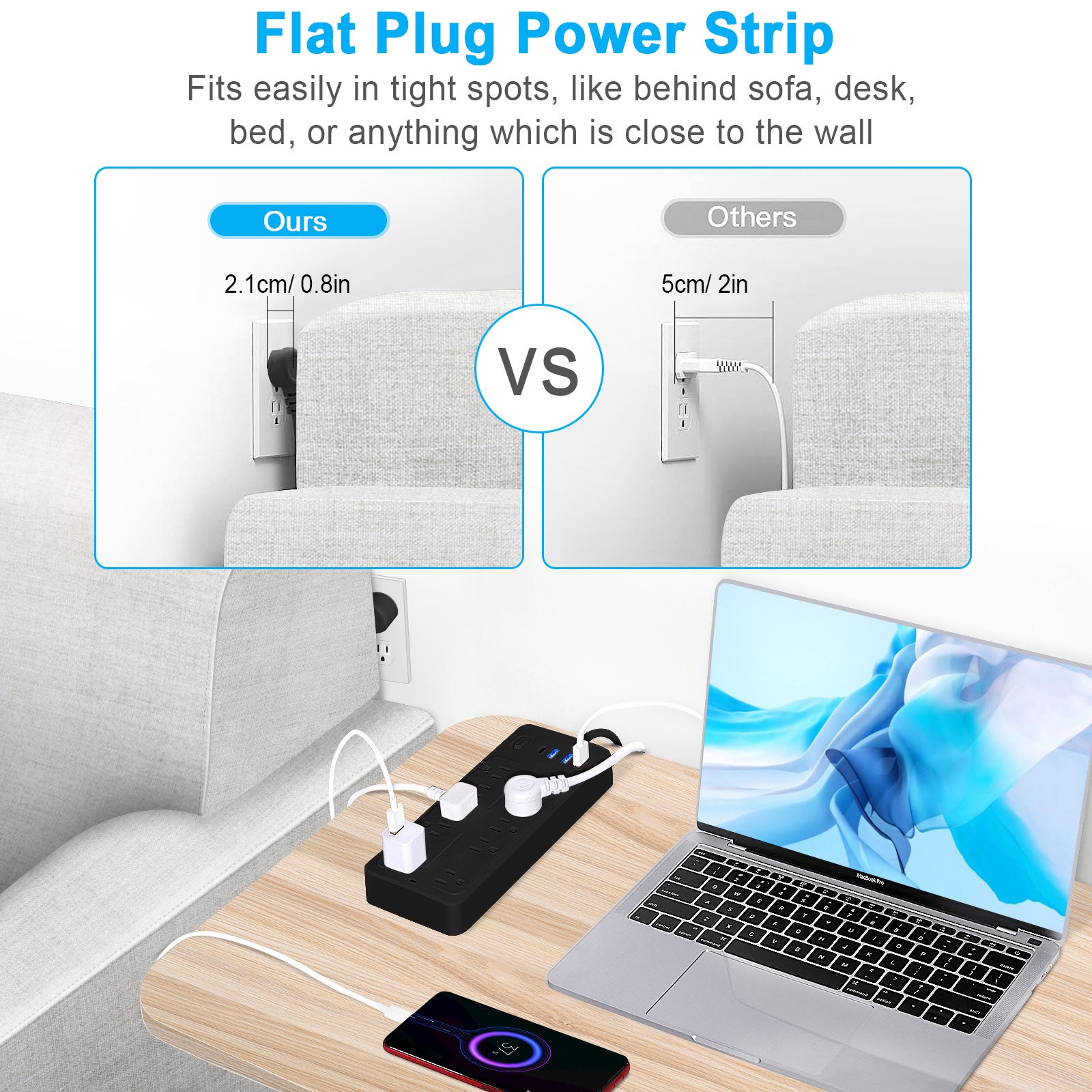6 FT Surge Protector Power Strip, 10 Outlets 4 USB Ports(1 USB‑C), 14‑in‑1 Long Extension Cord, Flat Plug, 1700J, 1625W/13A, White