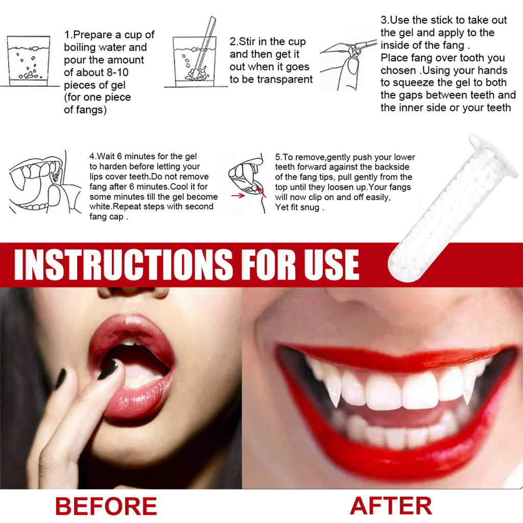 Jue Fish Retractable Vampire Fangs, Reusable Realistic Fake Teeth Cosplay Prop with Dental Glue for Halloween Party