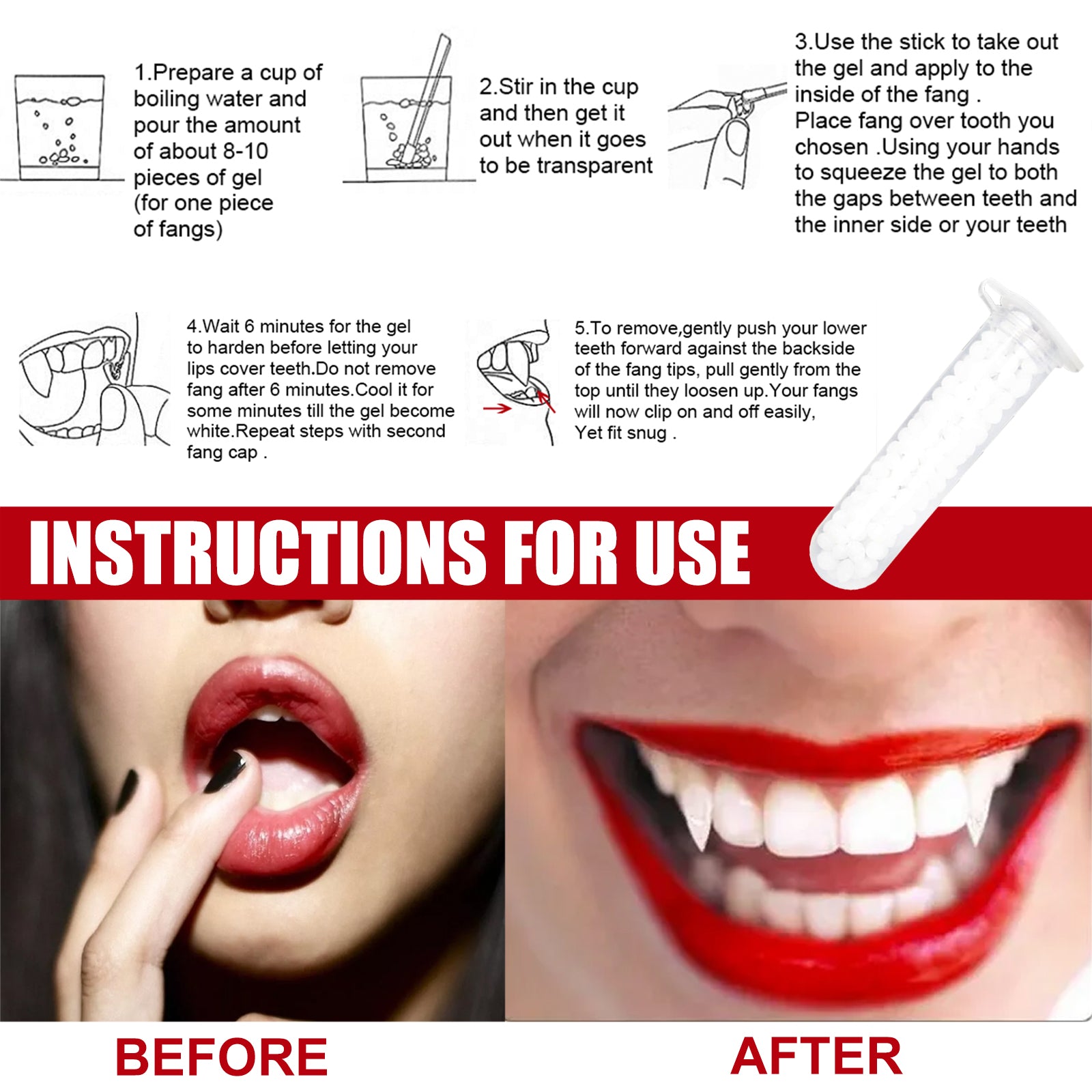 Jue Fish Retractable Vampire Fangs, Reusable Realistic Fake Teeth Cosplay Prop with Dental Glue for Halloween Party