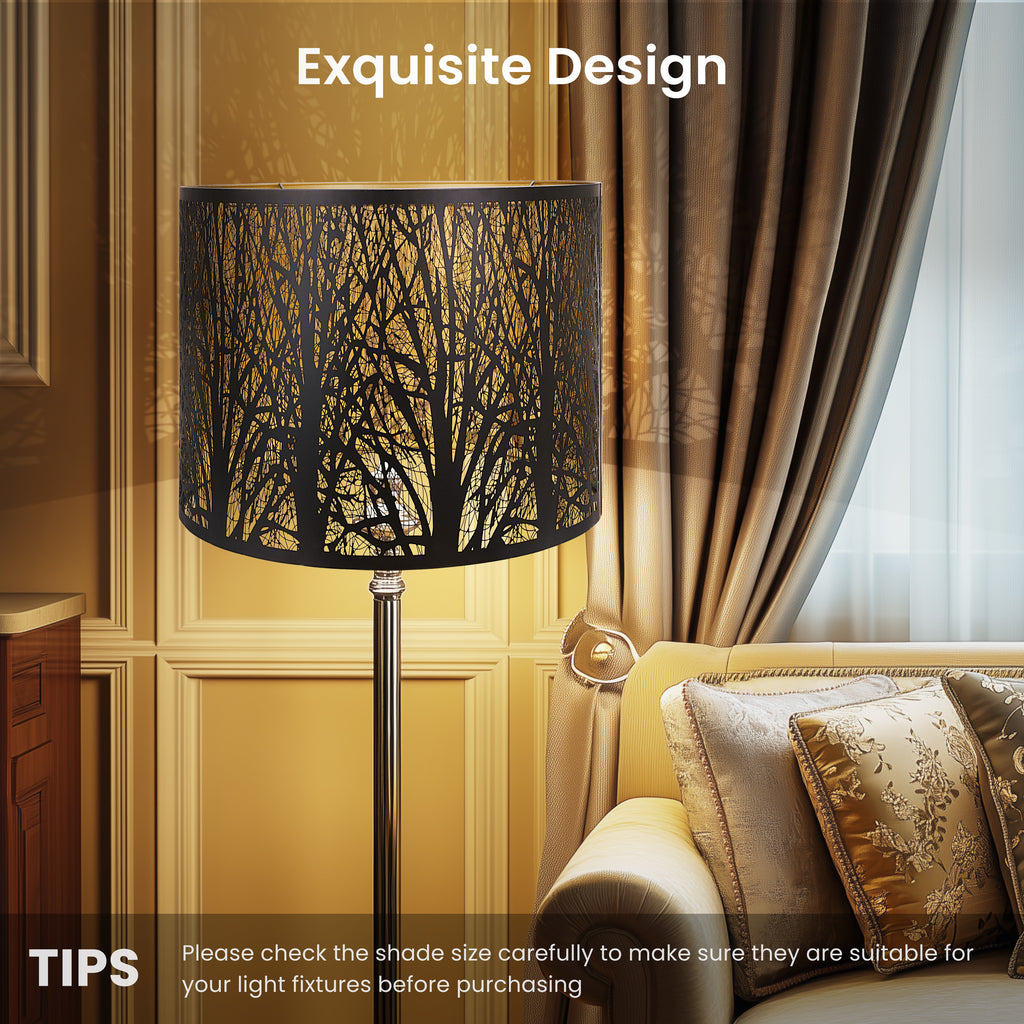 ALUCSET 16"×12" Drum Metal Lamp Shade, Black Gold Forest Etched Tree Shadow Lampshade with Spider Fitter for Table, Floor & Pendant Lights